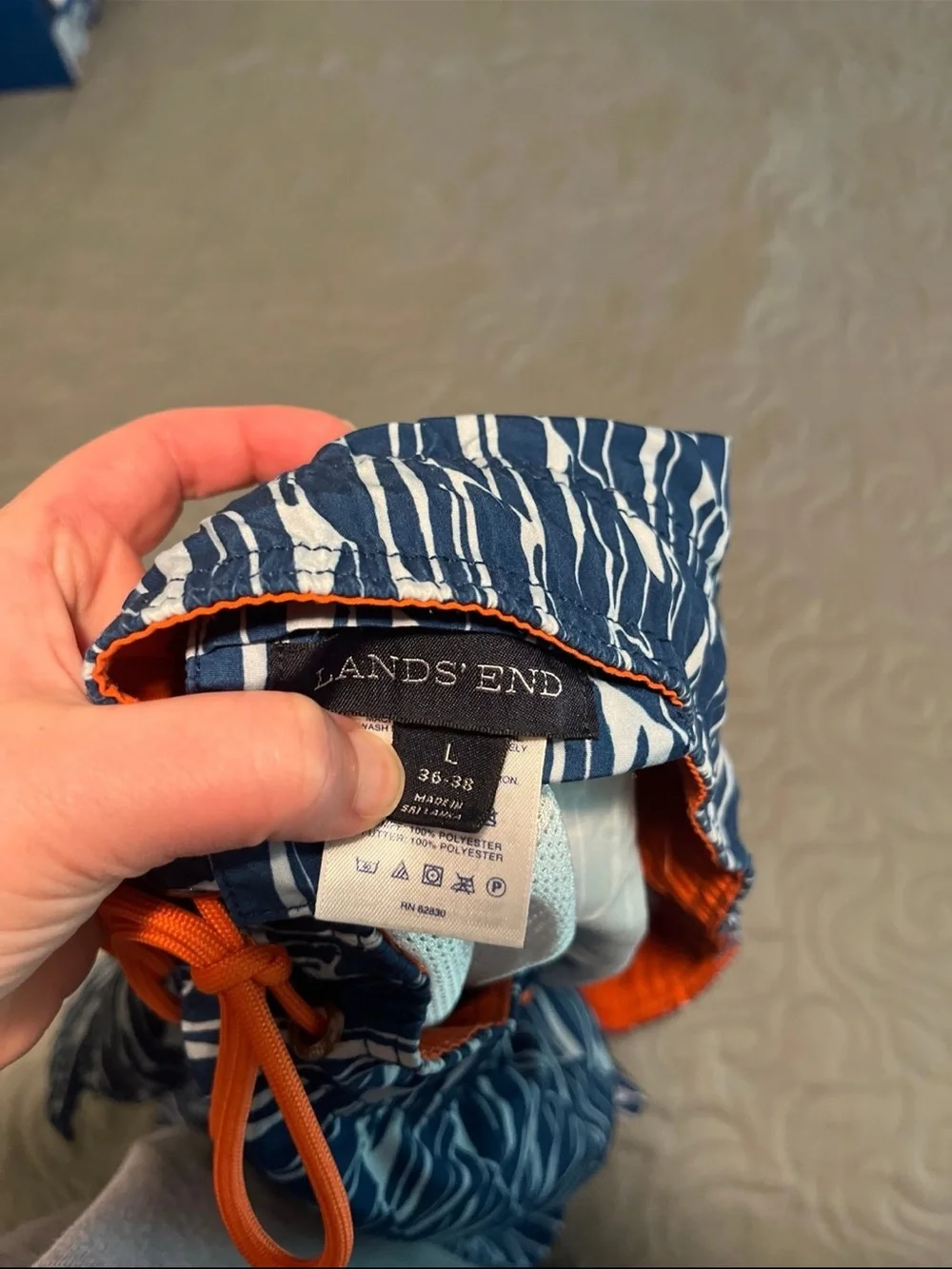 Lands' End Navy Geometric Swim Trunks with Orange Drawstring